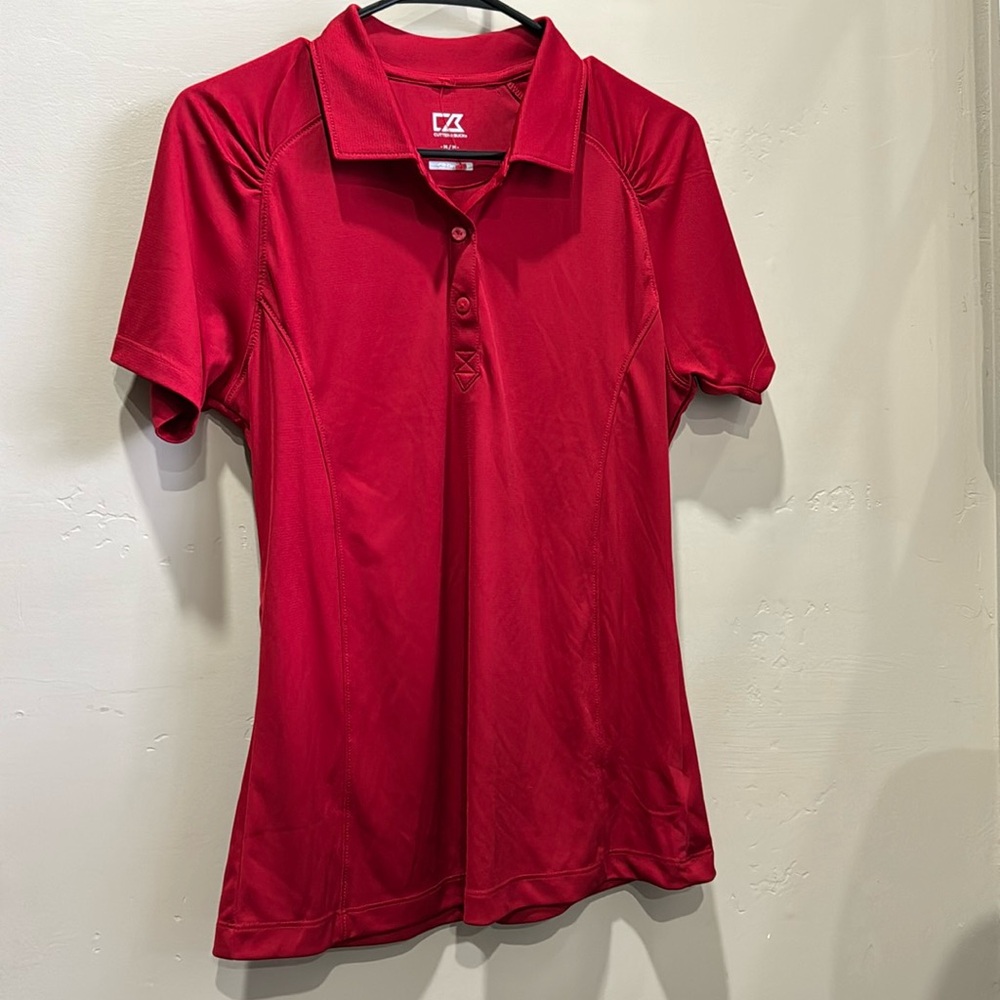 Women’s red cutter&buck medium short sleeve button up fitted golf polo